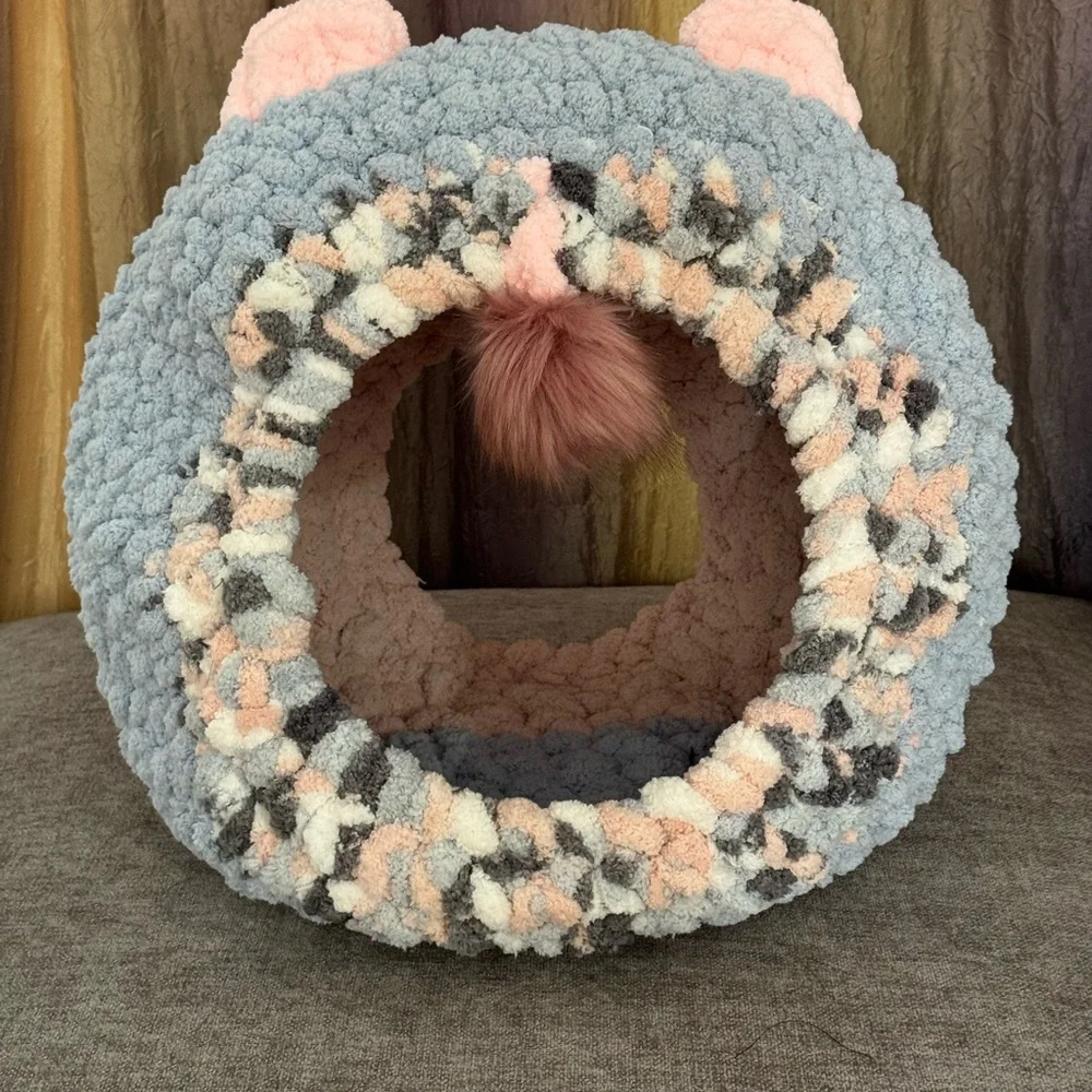 Plush Cozy Pet Cave Bed in Pastel Blue & Pink Handmade